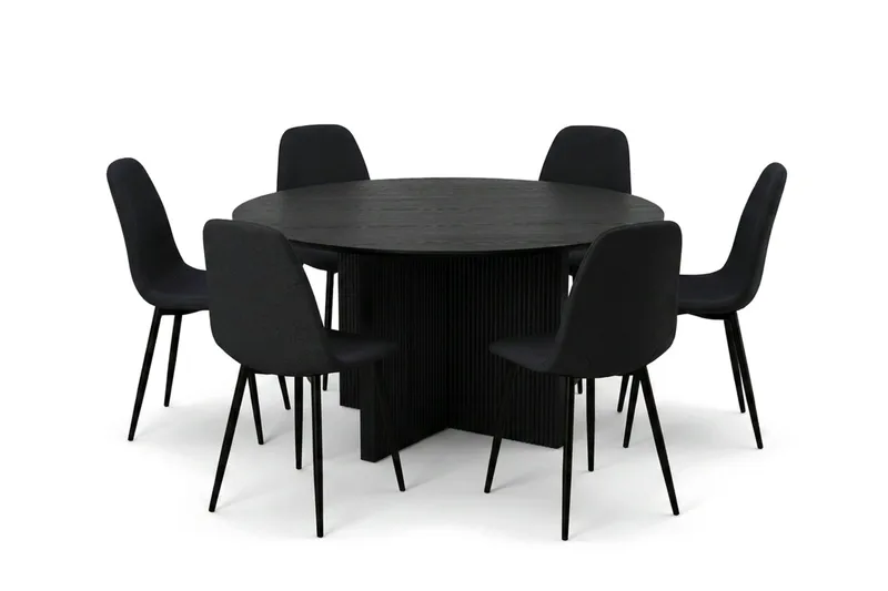 Edda spisegruppe rund 150 cm sort med 6 Nibe spisestole, Sort