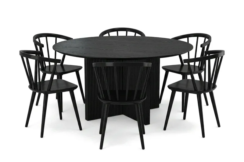 Edda spisegruppe rund 150 cm sort med 6 Tyrö spisestole, Sort