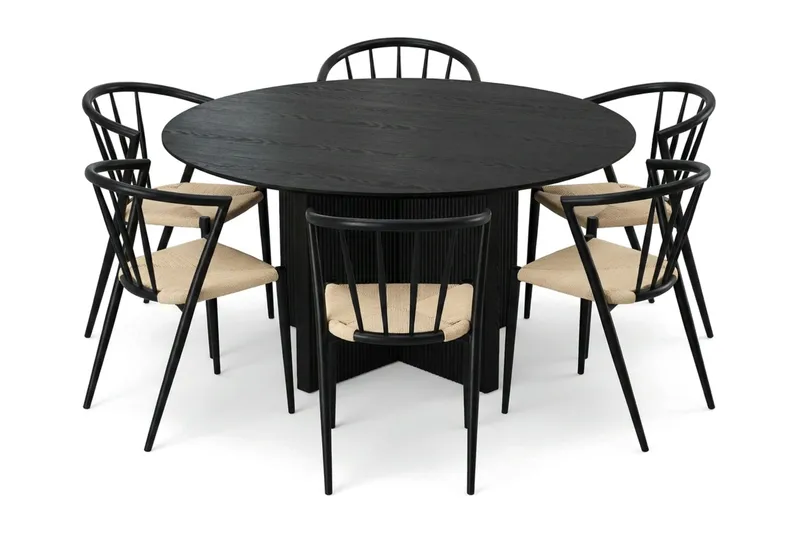 Edda spisegruppe rund 150 cm sort med 6 Winston spisestole, Sort