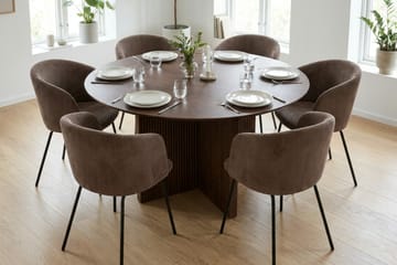 Edda spisegruppe rund 150 cm valnød med 6 Berit spisebordsstole - Valnød - Møbler - Borde - Spisebordssæt