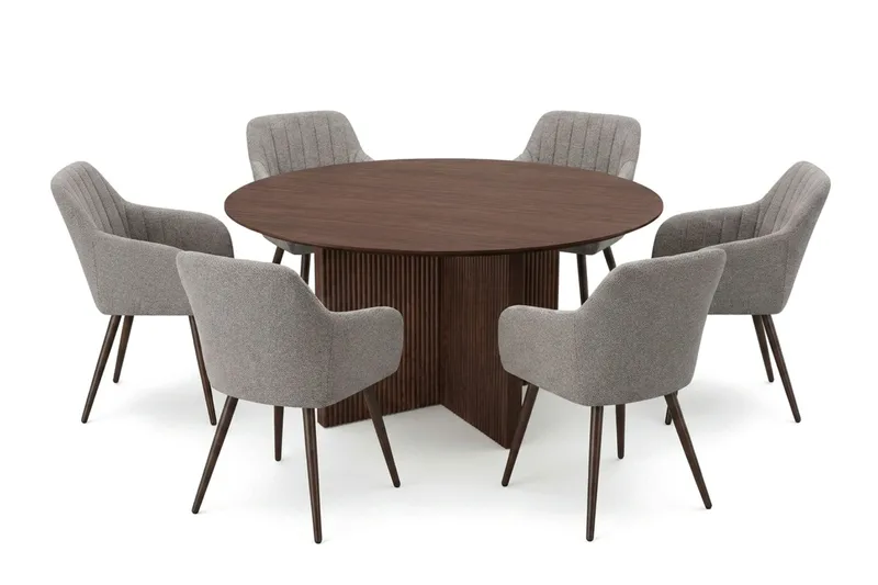 Edda spisegruppe rund 150 cm valnød med 6 Filippa spisestole, undefined