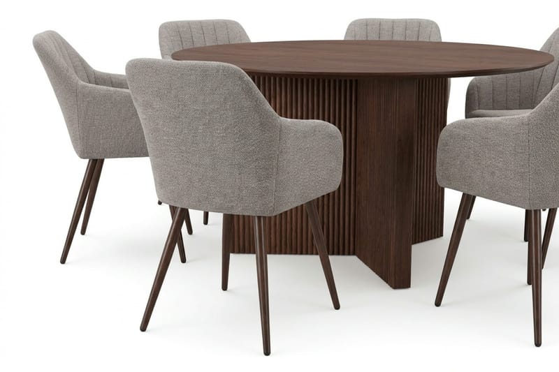 Edda spisegruppe rund 150 cm valnød med 6 Filippa spisestole - Møbler - Borde - Spisebordssæt