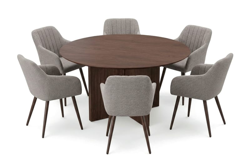 Edda spisegruppe rund 150 cm valnød med 6 Filippa spisestole - Møbler - Borde - Spisebordssæt