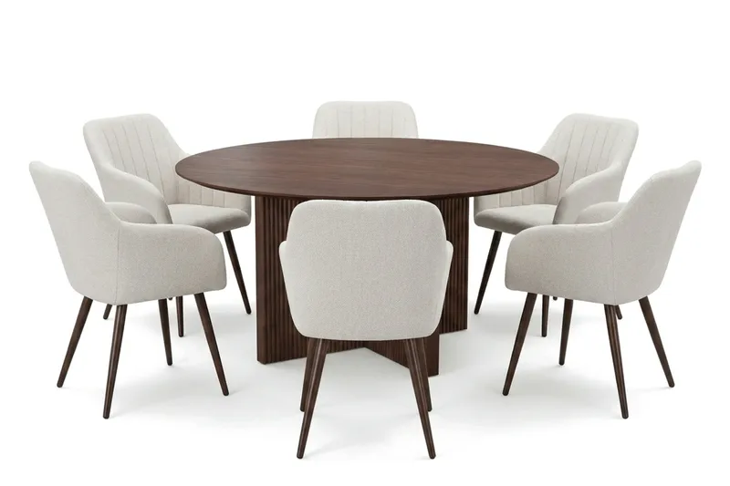 Edda spisegruppe rund 150 cm valnød med 6 Filippa spisestole, undefined