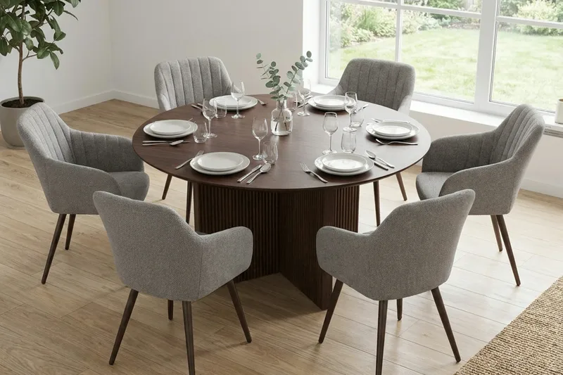 Edda spisegruppe rund 150 cm valnød med 6 Filippa spisestole - Møbler - Borde - Spisebordssæt
