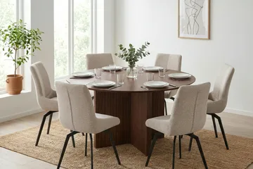 Edda spisegruppe rund 150 cm valnød med 6 Mora spisebordsstole - Valnød - Møbler - Borde - Spisebordssæt