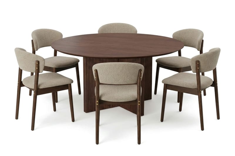 Edda spisegruppe rund 150 cm valnød med 6 Nala spisebordsstole, undefined