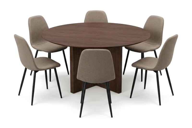 Edda spisegruppe rund 150 cm valnød med 6 Nibe spisestole, undefined