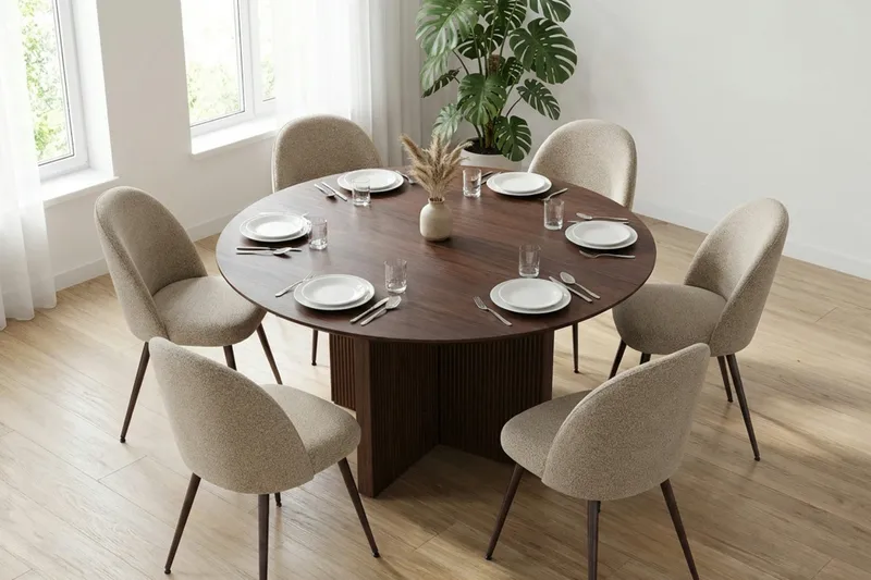 Edda spisegruppe rund 150 cm valnød med 6 Nibe Plus spisestole - Møbler - Borde - Spisebordssæt