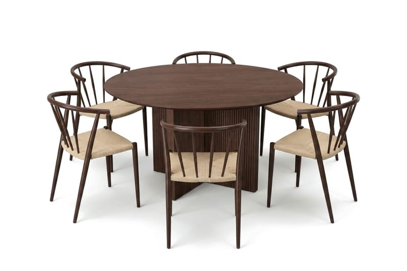 Edda spisegruppe rund 150 cm valnød med 6 Winston spisestole - Møbler - Borde - Spisebordssæt