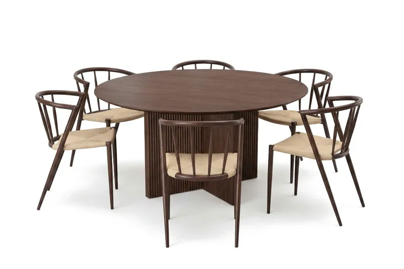 Edda spisegruppe rund 150 cm valnød med 6 Winston spisestole, undefined
