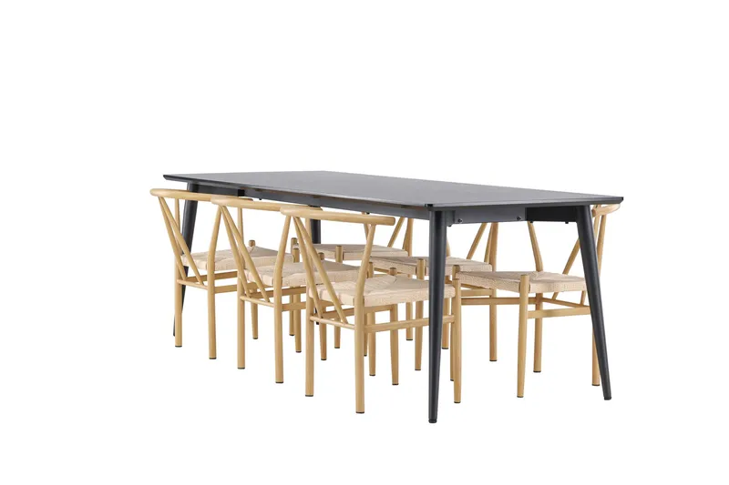 Ellis Spisegruppe 230 cm Rektangulær med 6 Alfons stole, Svart/Beige