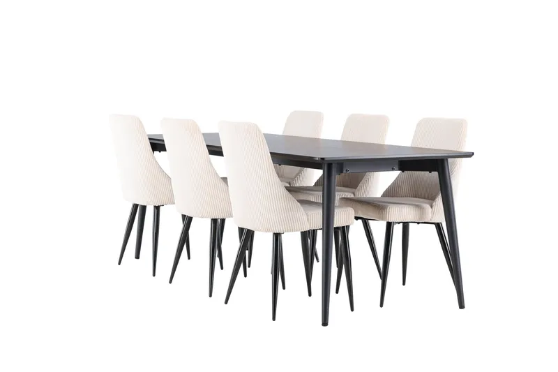Ellis Spisegruppe 230 cm Rektangulær med 6 Leone stole, Svart/Beige