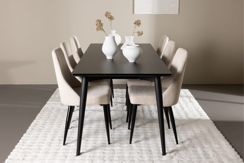 Ellis Spisegruppe 230 cm Rektangulær med 6 Leone stole - Svart/Beige - Møbler - Borde - Spisebordssæt
