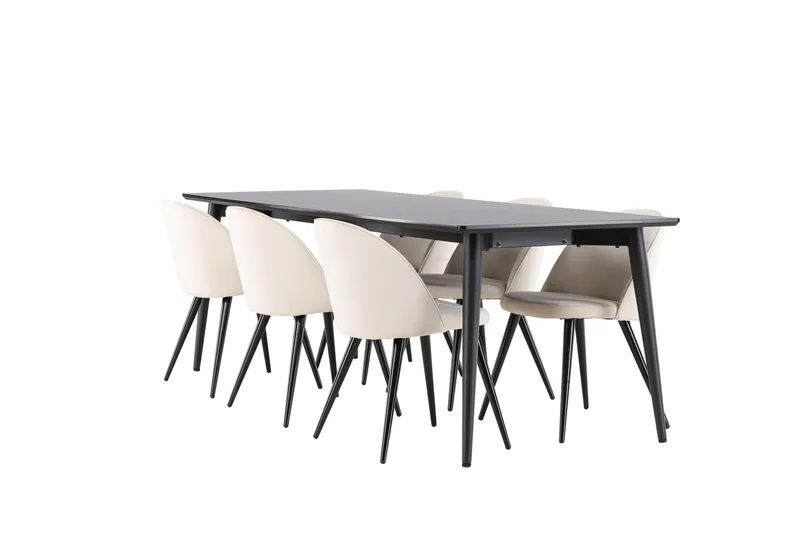 Ellis Spisegruppe 230 cm Rektangulær med 6 Velvet stole, Svart/Beige