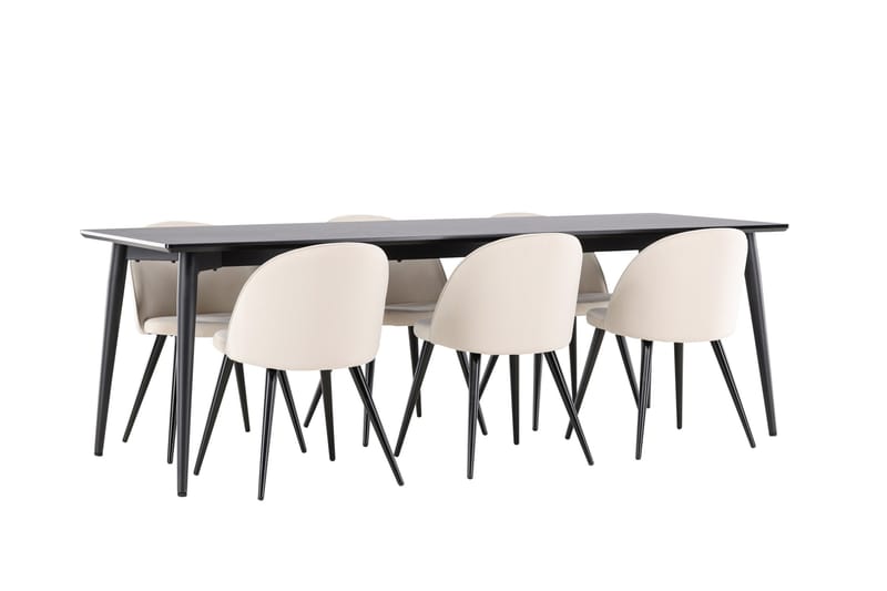 Ellis Spisegruppe 230 cm Rektangulær med 6 Velvet stole - Svart/Beige - Møbler - Borde - Spisebordssæt