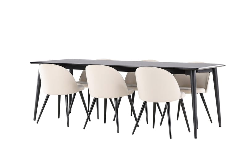Ellis Spisegruppe 230 cm Rektangulær med 6 Velvet stole - Svart/Beige - Møbler - Borde - Spisebordssæt
