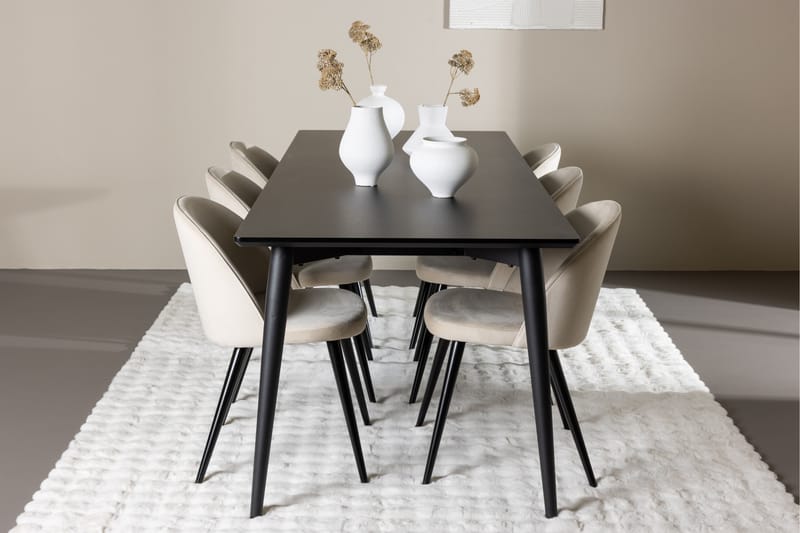 Ellis Spisegruppe 230 cm Rektangulær med 6 Velvet stole - Svart/Beige - Møbler - Borde - Spisebordssæt