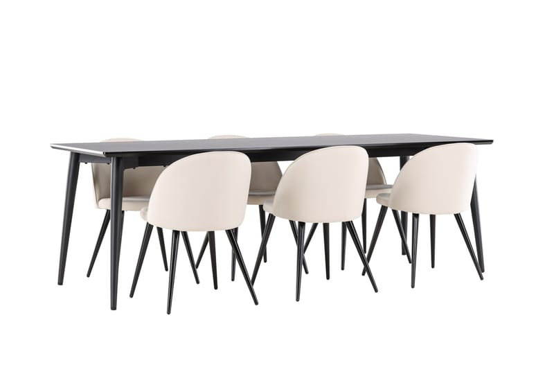 Ellis Spisegruppe 230 cm Rektangulær med 6 Velvet stole - Svart/Beige - Møbler - Borde - Spisebordssæt