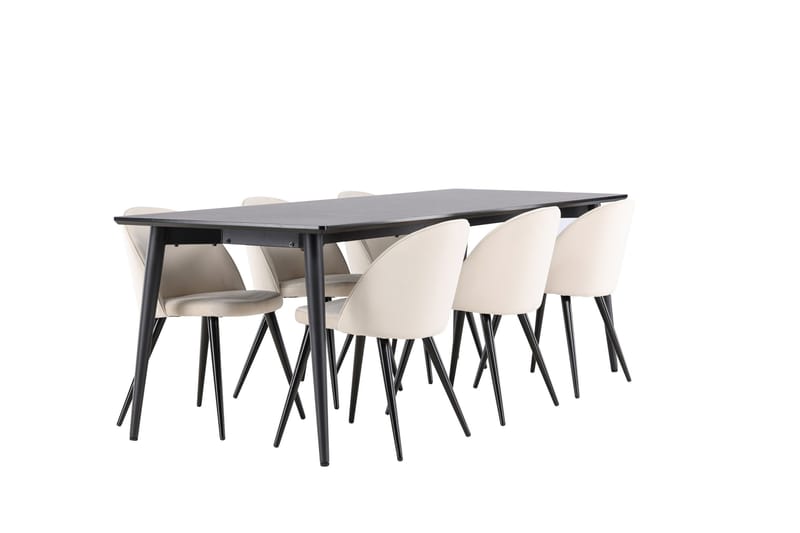 Ellis Spisegruppe 230 cm Rektangulær med 6 Velvet stole - Svart/Beige - Møbler - Borde - Spisebordssæt