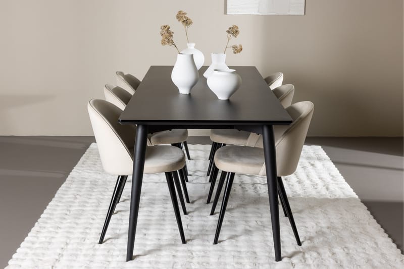 Ellis Spisegruppe 230 cm Rektangulær med 6 Velvet stole - Svart/Beige - Møbler - Borde - Spisebordssæt