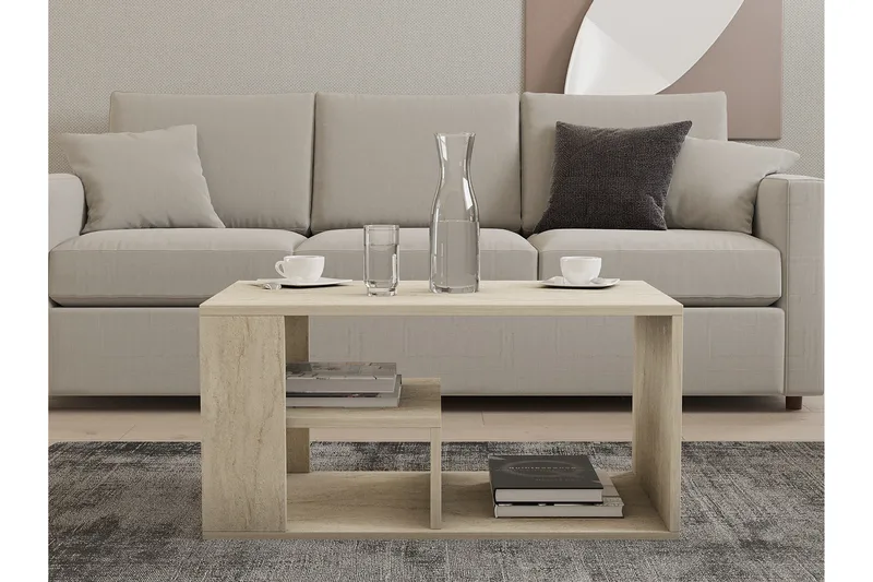 Eros 80 cm Rektangulært Sofabord med Hylder i Træ - Beige - Møbler - Borde - Sofabord