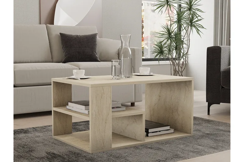 Eros 80 cm Rektangulært Sofabord med Hylder i Træ - Beige - Møbler - Borde - Sofabord