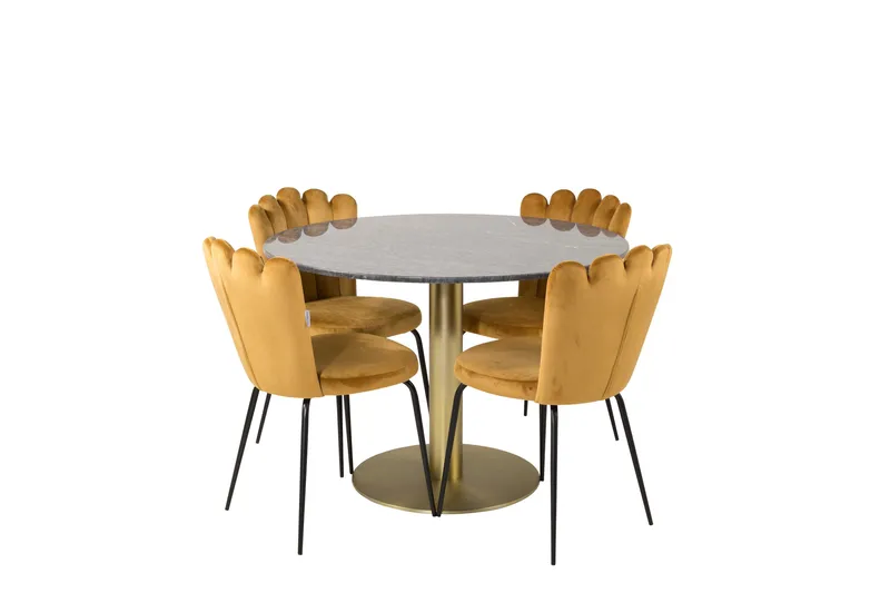 Estelle Spisebordssæt 106 cm Rund med 4 Limhamn Stole, Svart/Gull