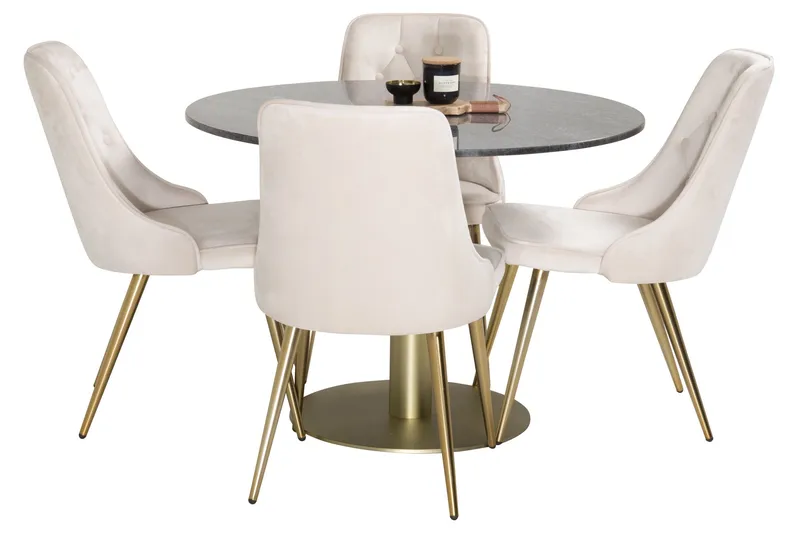 Estelle Spisebordssæt 106 cm Rund med 4 Velvet Stole - Beige - Møbler - Borde - Spisebordssæt
