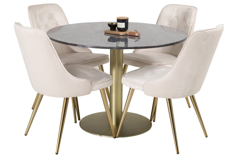 Estelle Spisebordssæt 106 cm Rund med 4 Velvet Stole - Beige - Møbler - Borde - Spisebordssæt