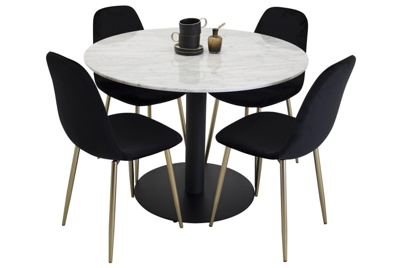 Estelle Spisebordssæt 106 cm Rund med 4 Polar Stole, Svart/Gull