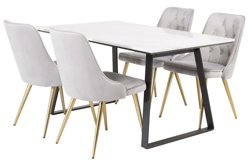 Estelle Spisebordssæt 140 cm Rektangulær med 4 Velvet Stole, Svart/Gull