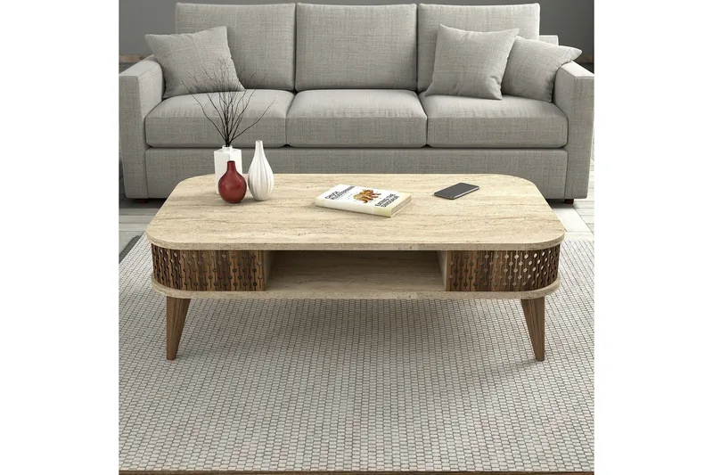Eylul Rektangulært Sofabord 105 cm med Hylder i Træ - Beige - Møbler - Borde - Sofabord
