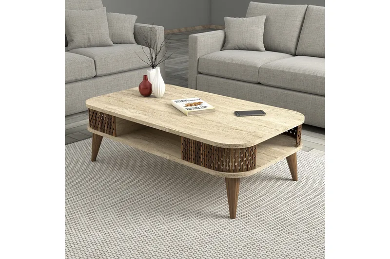Eylul Rektangulært Sofabord 105 cm med Hylder i Træ - Beige - Møbler - Borde - Sofabord