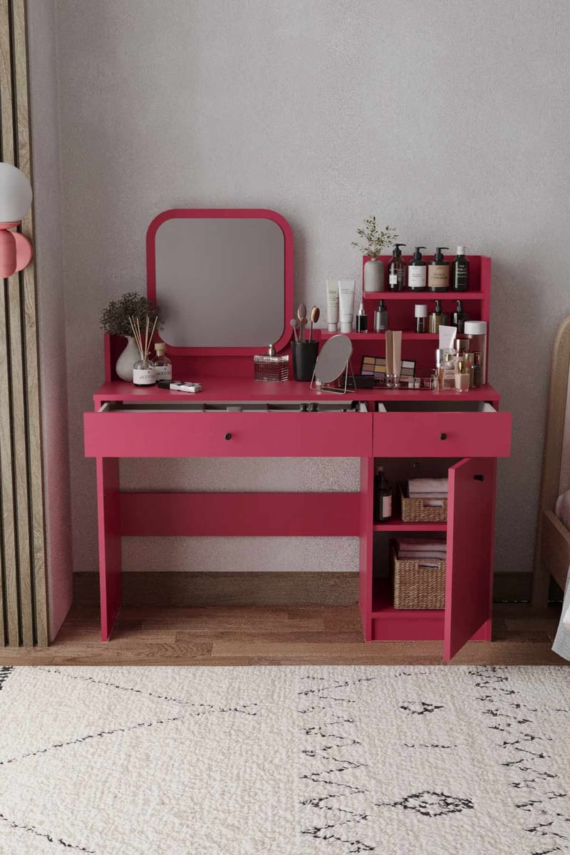 Fabrony sminkebord med spejl 124 cm - Hindbær - Møbler - Borde - Sminkebord & konsolbord