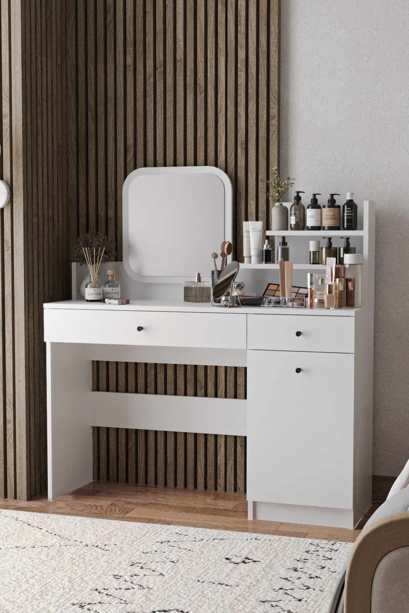 Fabrony sminkebord med spejl 124 cm - Hvid - Møbler - Borde - Sminkebord & konsolbord