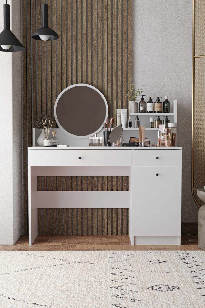 Fabrony sminkebord med spejl 124 cm - Hvid - Møbler - Borde - Sminkebord & konsolbord - Makeup bord med spejl