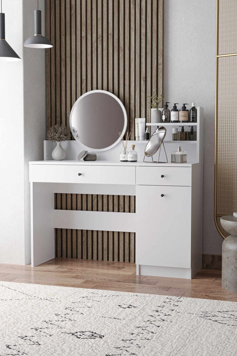 Fabrony sminkebord med spejl 124 cm - Hvid - Møbler - Borde - Sminkebord & konsolbord