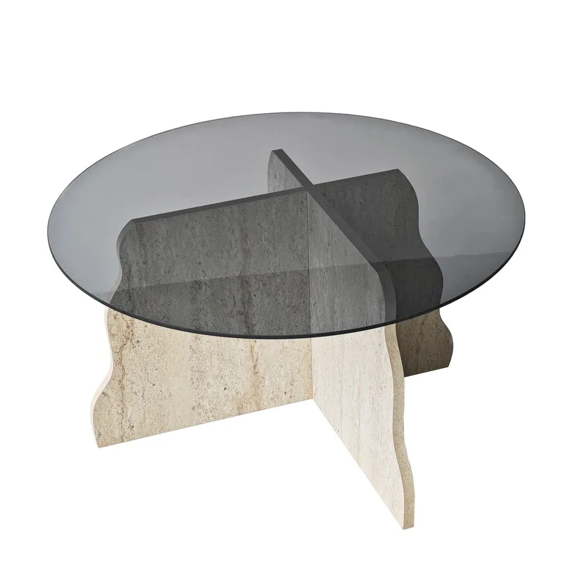 Fikret sofabord 75 cm rundt glas, Travertin og Røget