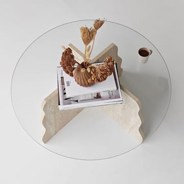 Fikret sofabord 75 cm rundt glas - Travertin og Transparent - Møbler - Borde - Sofabord
