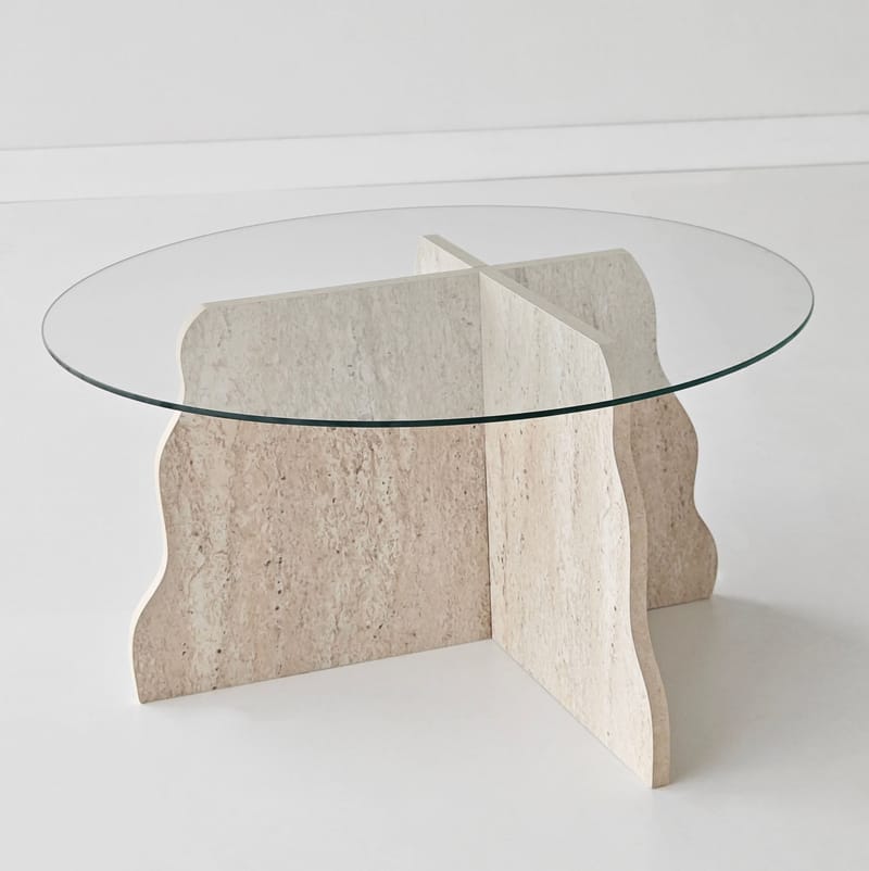 Fikret sofabord 75 cm rundt glas - Travertin og Transparent - Møbler - Borde - Sofabord