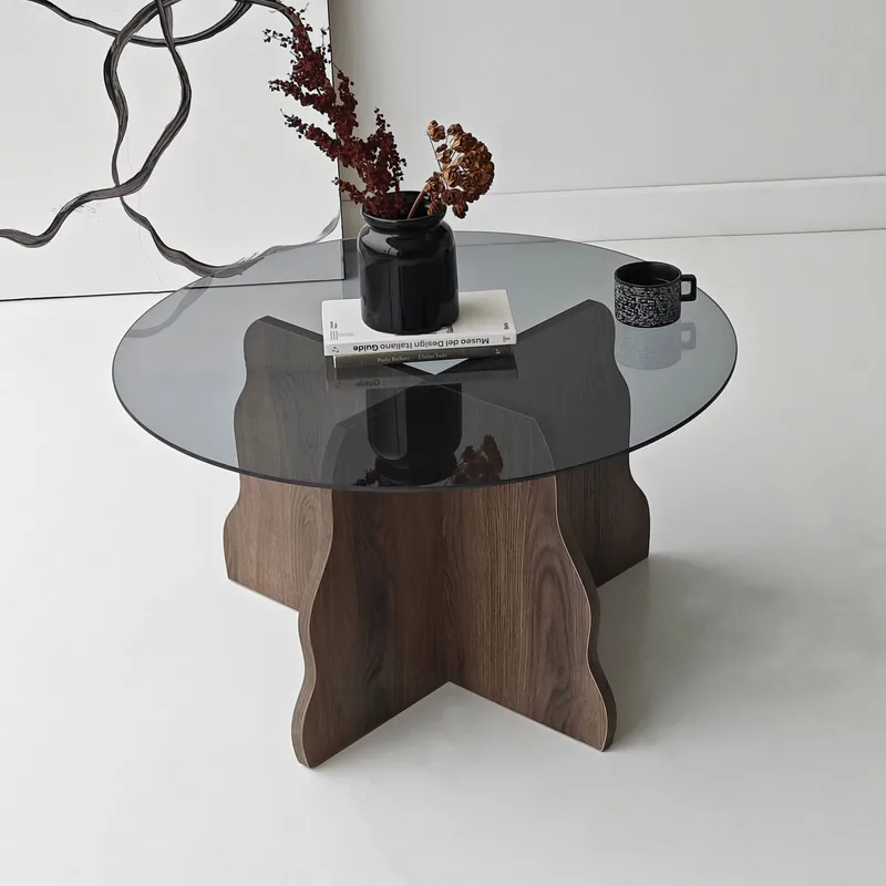 Fikret sofabord 75 cm rundt glas - Valnød og Røget - Møbler - Borde - Sofabord