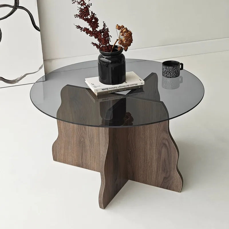 Fikret sofabord 75 cm rundt glas - Valnød og Røget - Møbler - Borde - Sofabord