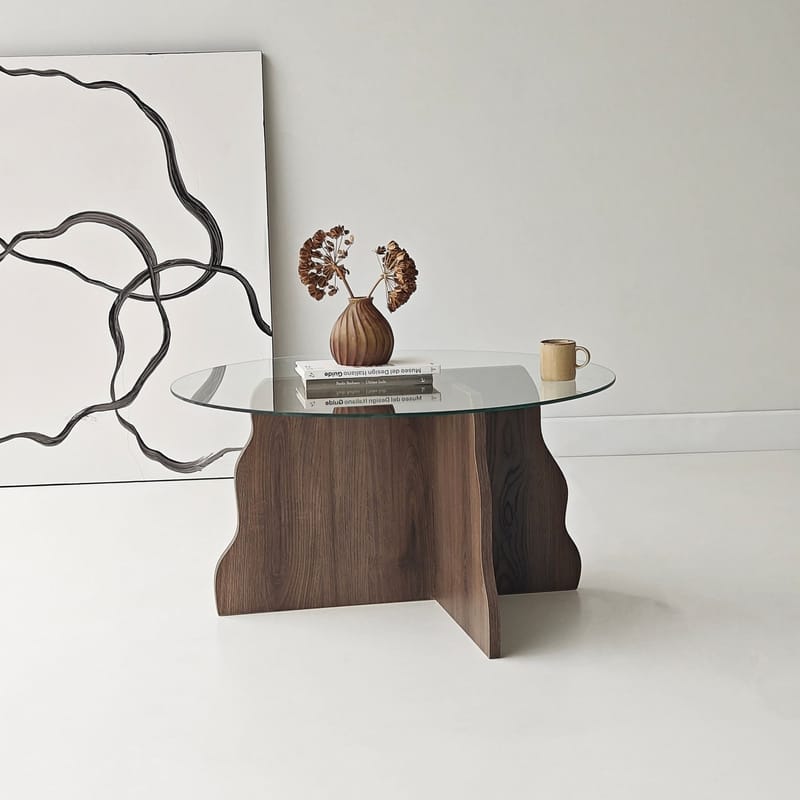 Fikret sofabord 75 cm rundt glas - Valnød og Transparent - Møbler - Borde - Sofabord