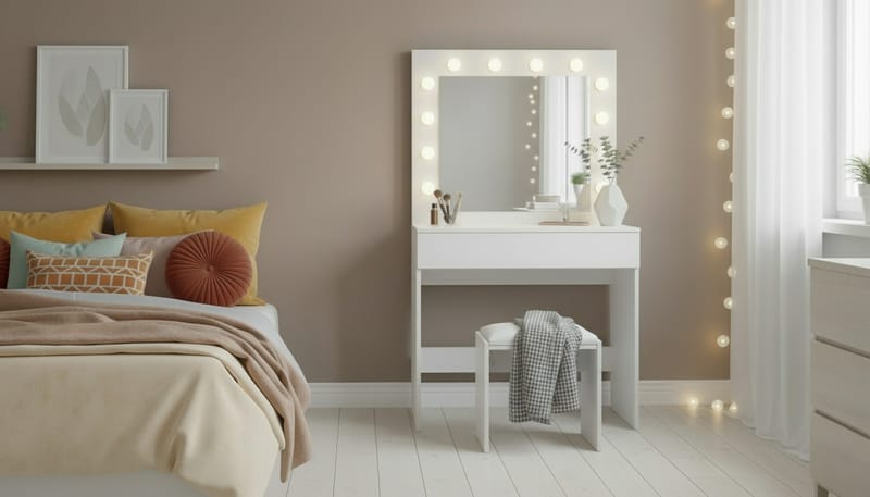 Glow Lille Sminkebord 80 cm med spejl skuffer og skammel - LED Belysning - Hvid - Møbler - Borde - Sminkebord & konsolbord