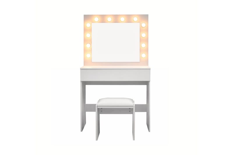 Glow Lille Sminkebord 80 cm med spejl skuffer og skammel - LED Belysning - Hvid - Møbler - Borde - Sminkebord & konsolbord