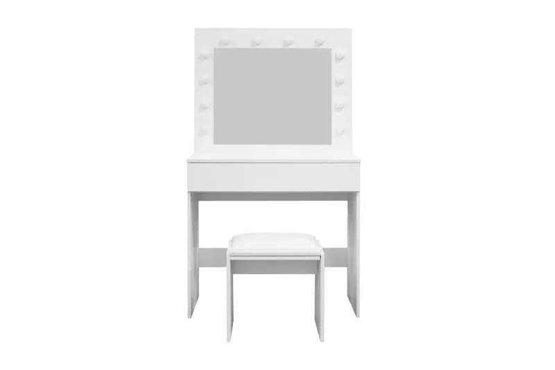 Glow Lille Sminkebord 80 cm med spejl skuffer og skammel - LED Belysning, Hvid