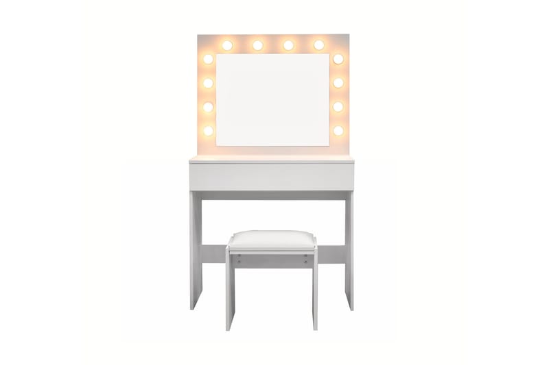 Glow Lille Sminkebord 80 cm med spejl skuffer og skammel - LED Belysning - Hvid - Møbler - Borde - Sminkebord & konsolbord