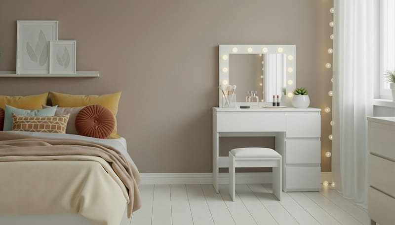 Glow Sminkebord 94 cm med spejl skuffer og skammel - LED Belysning - Hvid - Møbler - Borde - Sminkebord & konsolbord