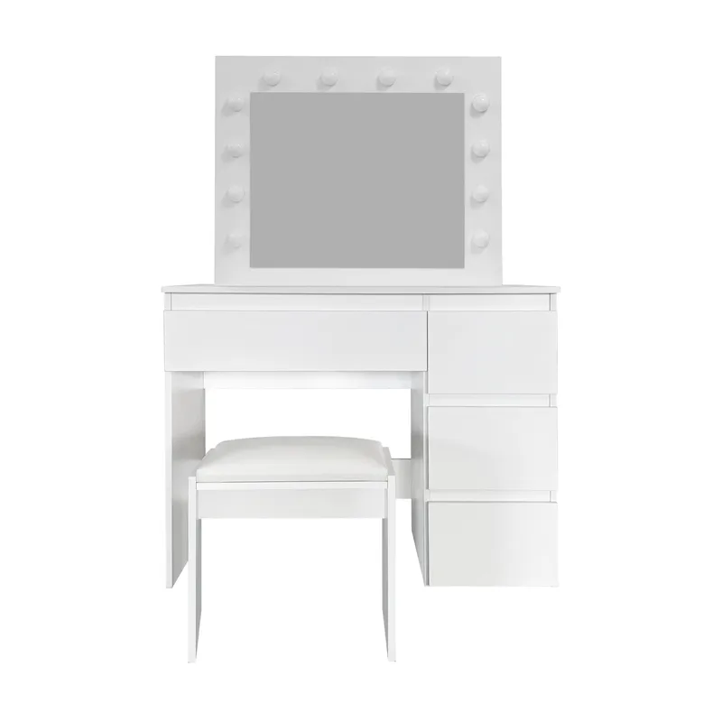 Glow Sminkebord 94 cm med spejl skuffer og skammel - LED Belysning, Hvid